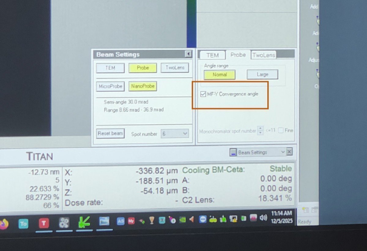 Beam Settings panel with MF-Y Convergence Angle selected