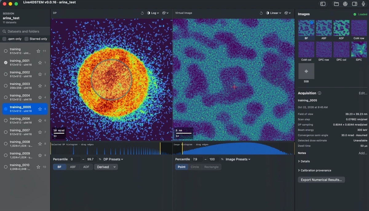 Live4DSTEM macOS app showing a diffraction pattern, virtual image, and derived images for an Arina dataset