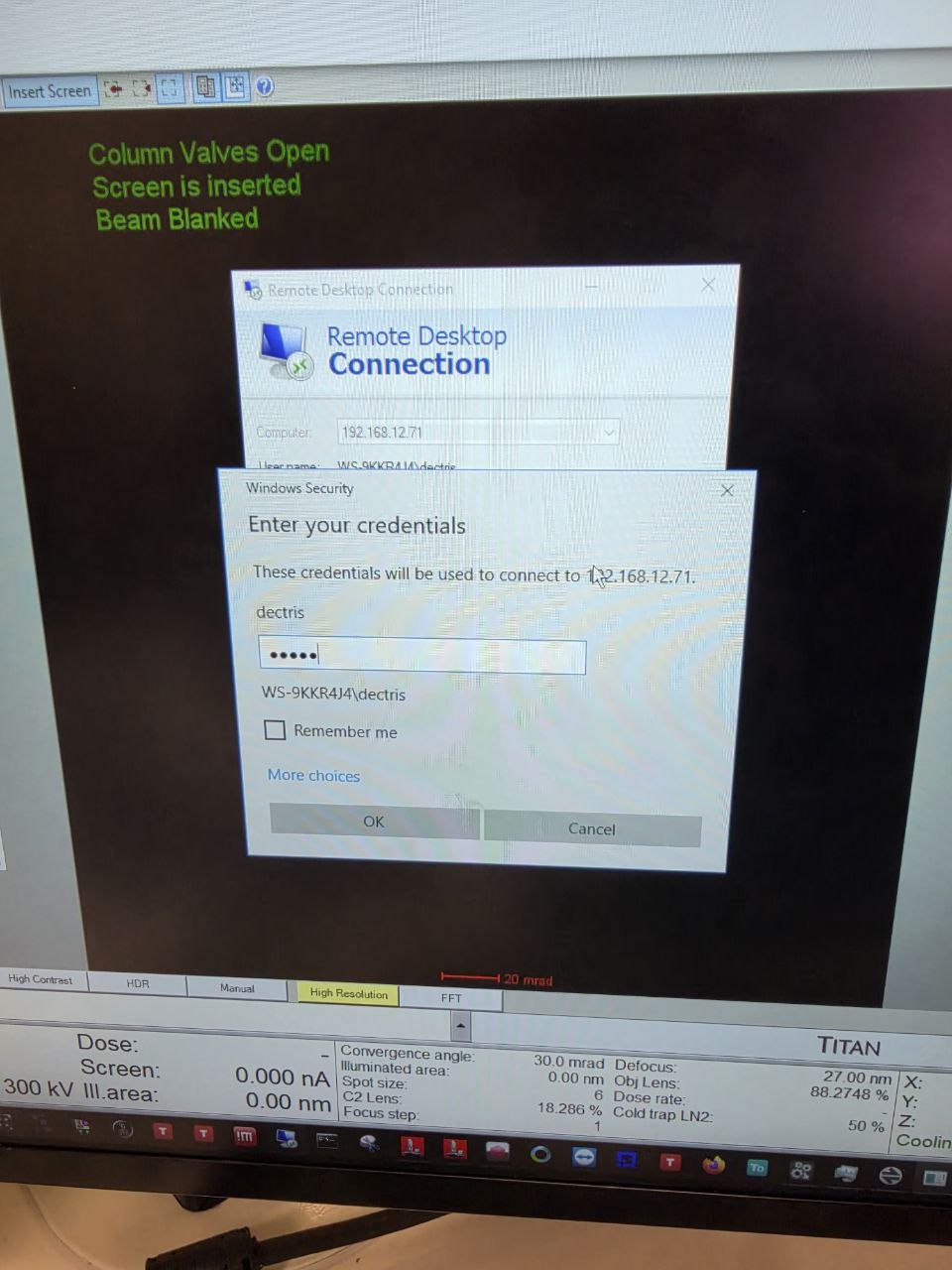 Windows Security dialog asking for the dectris credentials