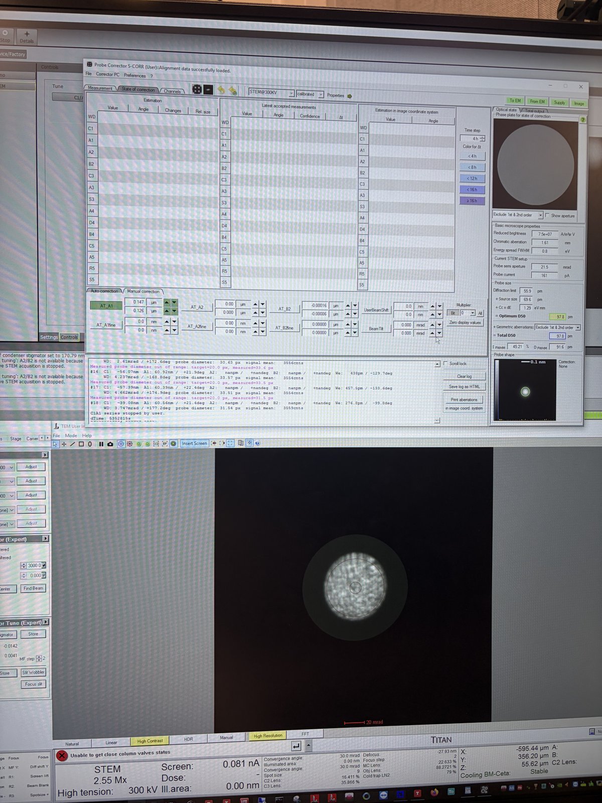 Probe Corrector Manual correction with aberration table and ronchigram