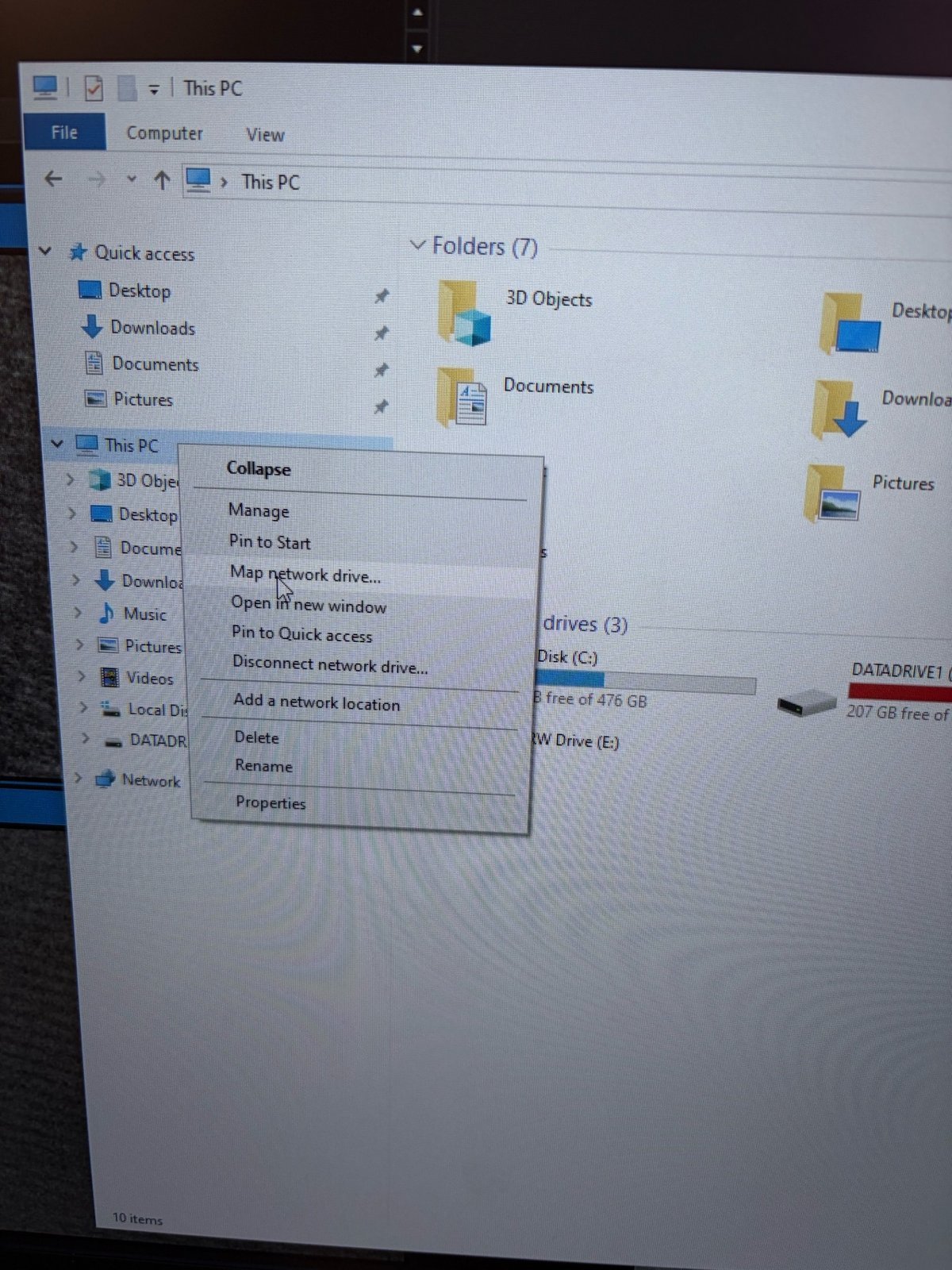 Right-click This PC showing Map network drive option