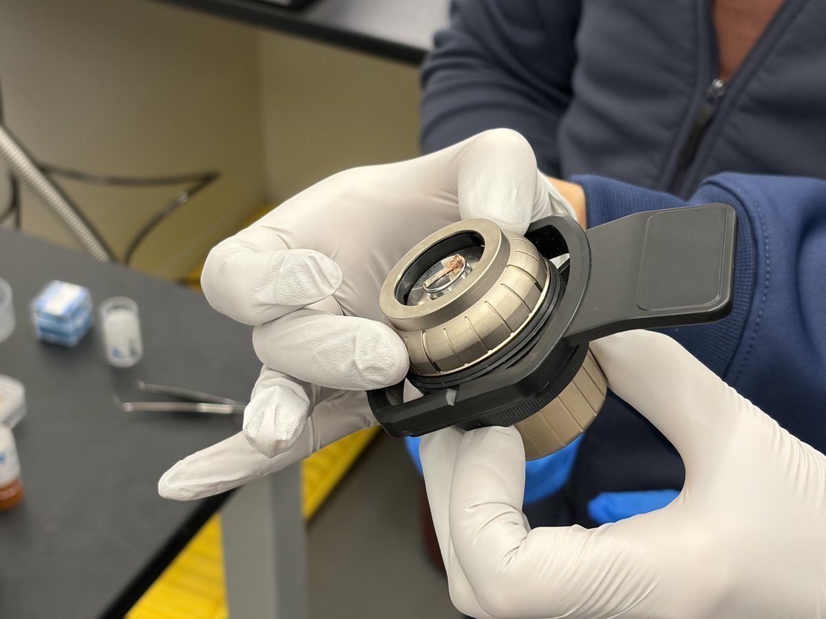 Inspecting the mounted copper wire sample on the stub, held up for verification