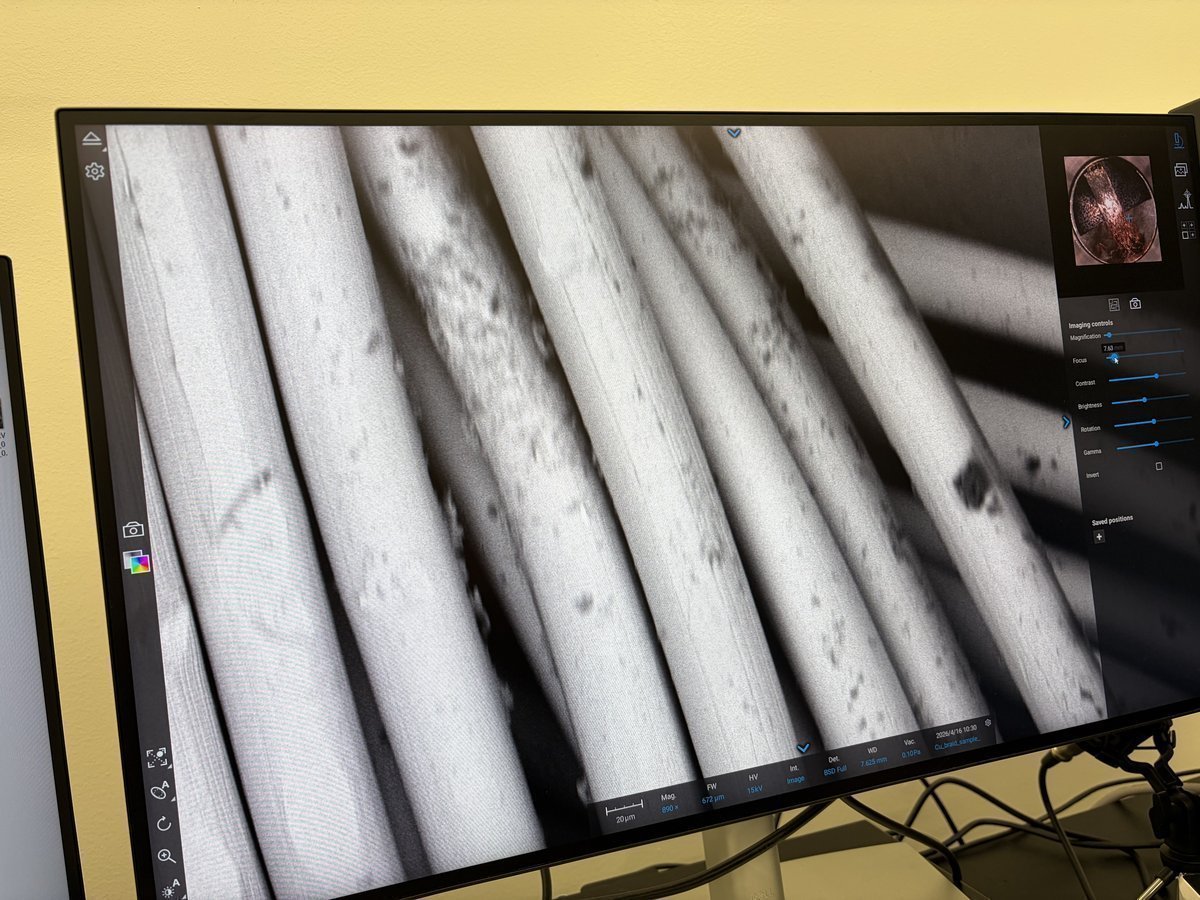 SEM image with imaging controls panel showing Magnification, Focus, Contrast, Brightness, Rotation, Gamma