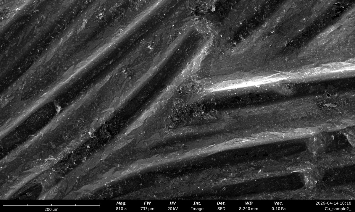 Cu braid SED at 20 kV, 810x magnification, working distance 733 um, 0.10 Pa