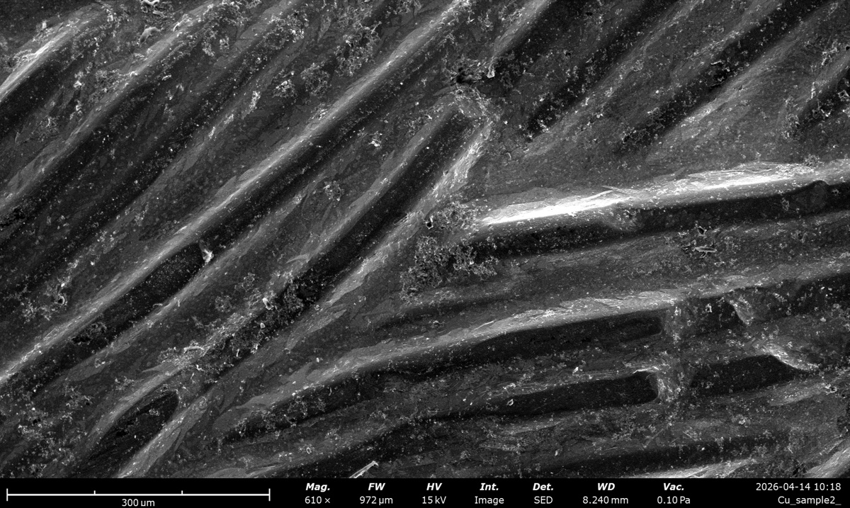 Cu braid SED at 15 kV, 610x magnification, working distance 972 um, 0.10 Pa