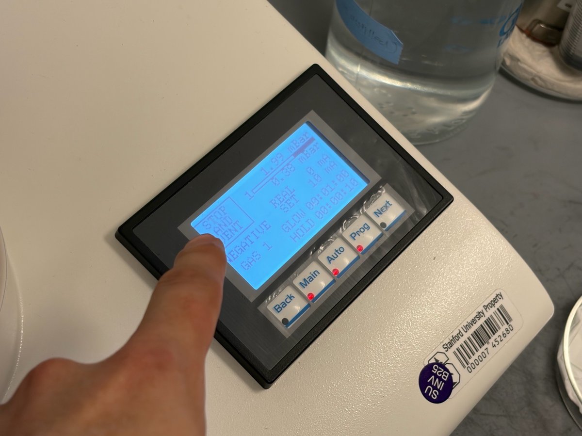 easiGlow touchscreen showing NEGATIVE mode, GAS 1, glow time 60 s