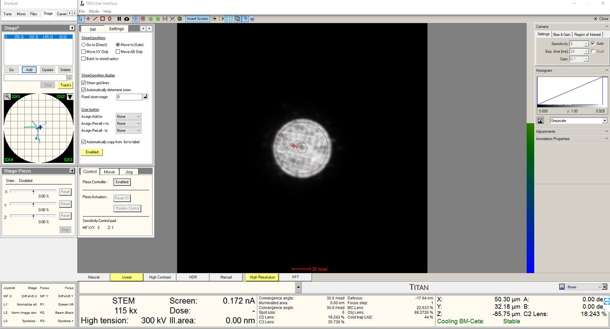 After ronchigram blow-up point showing sample features at 115kx