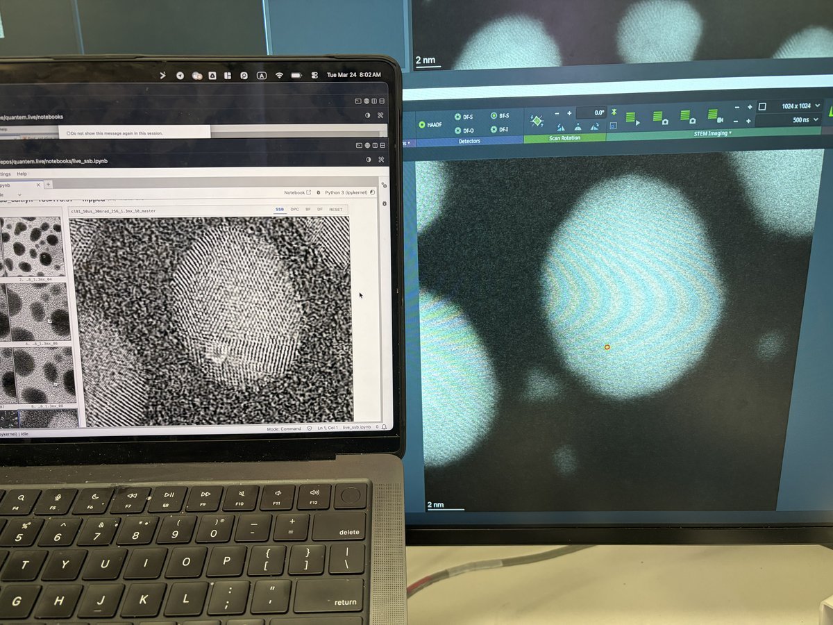 Live SSB reconstruction showing zone axis diffraction pattern on laptop with HAADF on monitor