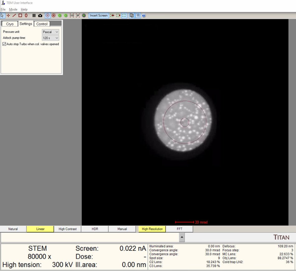 Ronchigram at 80kx showing diffraction pattern