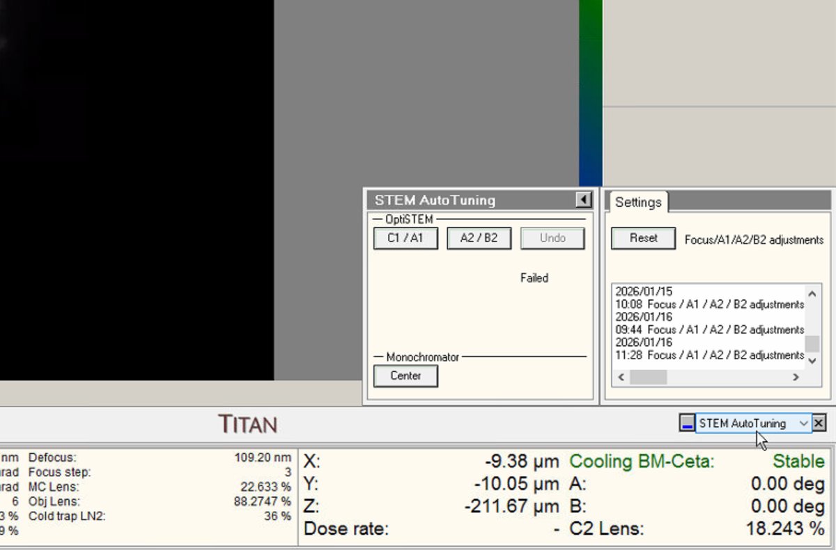 STEM AutoTuning panel with Reset