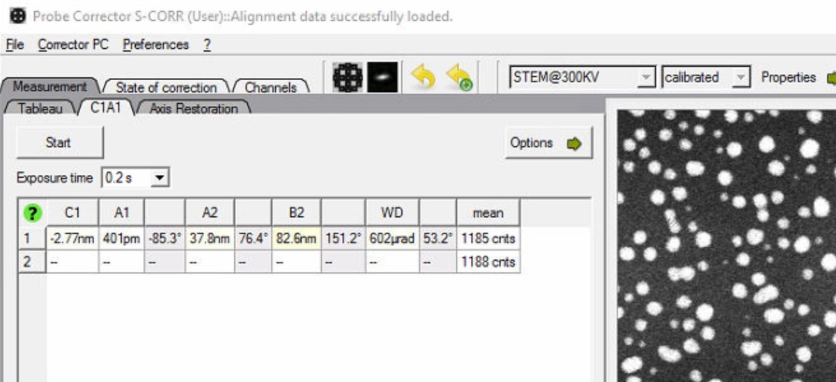 Probe Corrector showing alignment data