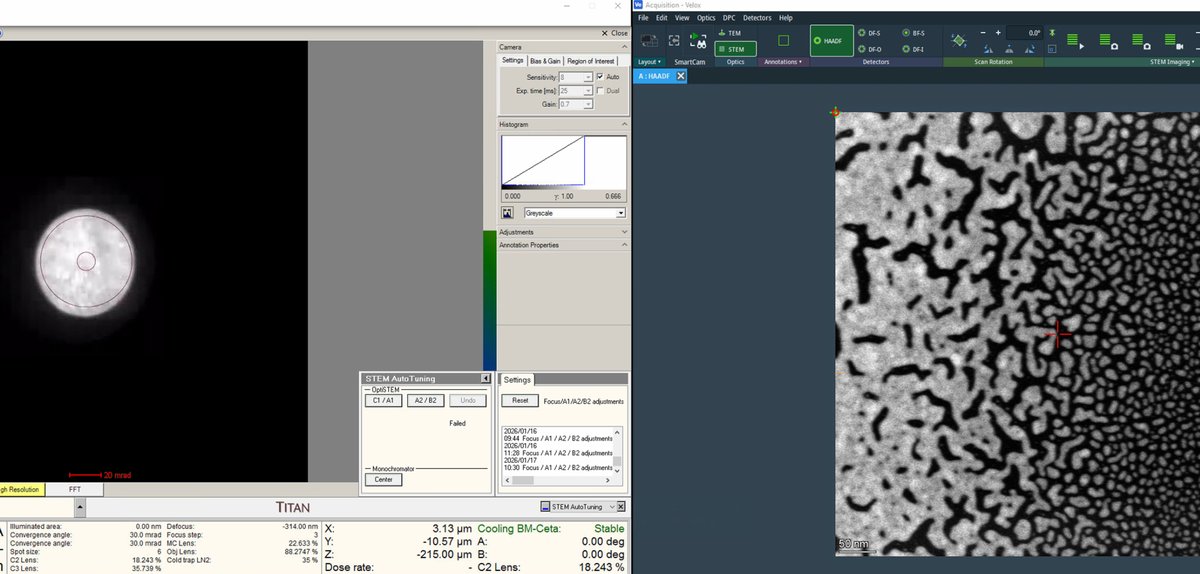 Setup before C1A1: ronchigram visible on left, HAADF on right