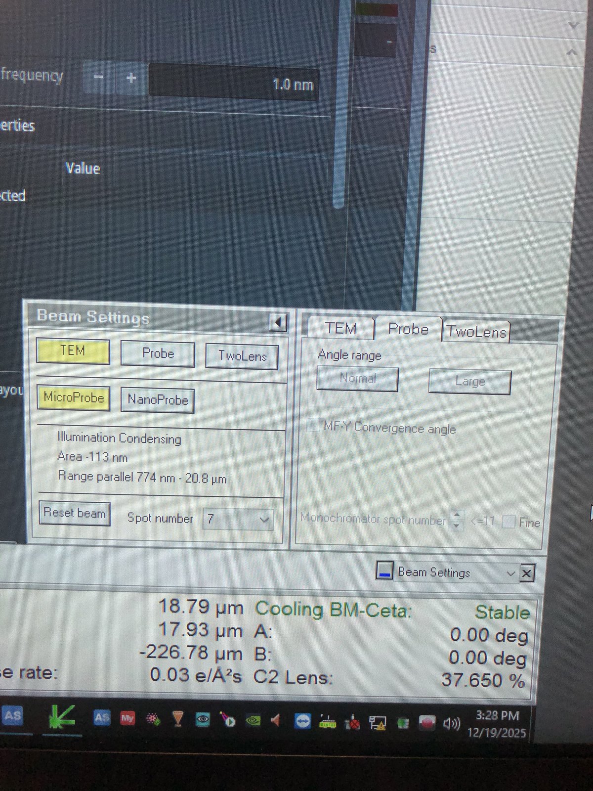 Beam Setting options in TEMUI Quick tab