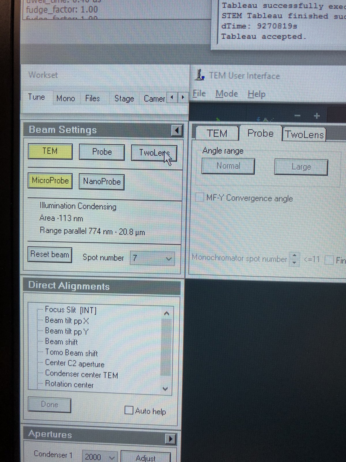 Beam Settings tab showing TEM button