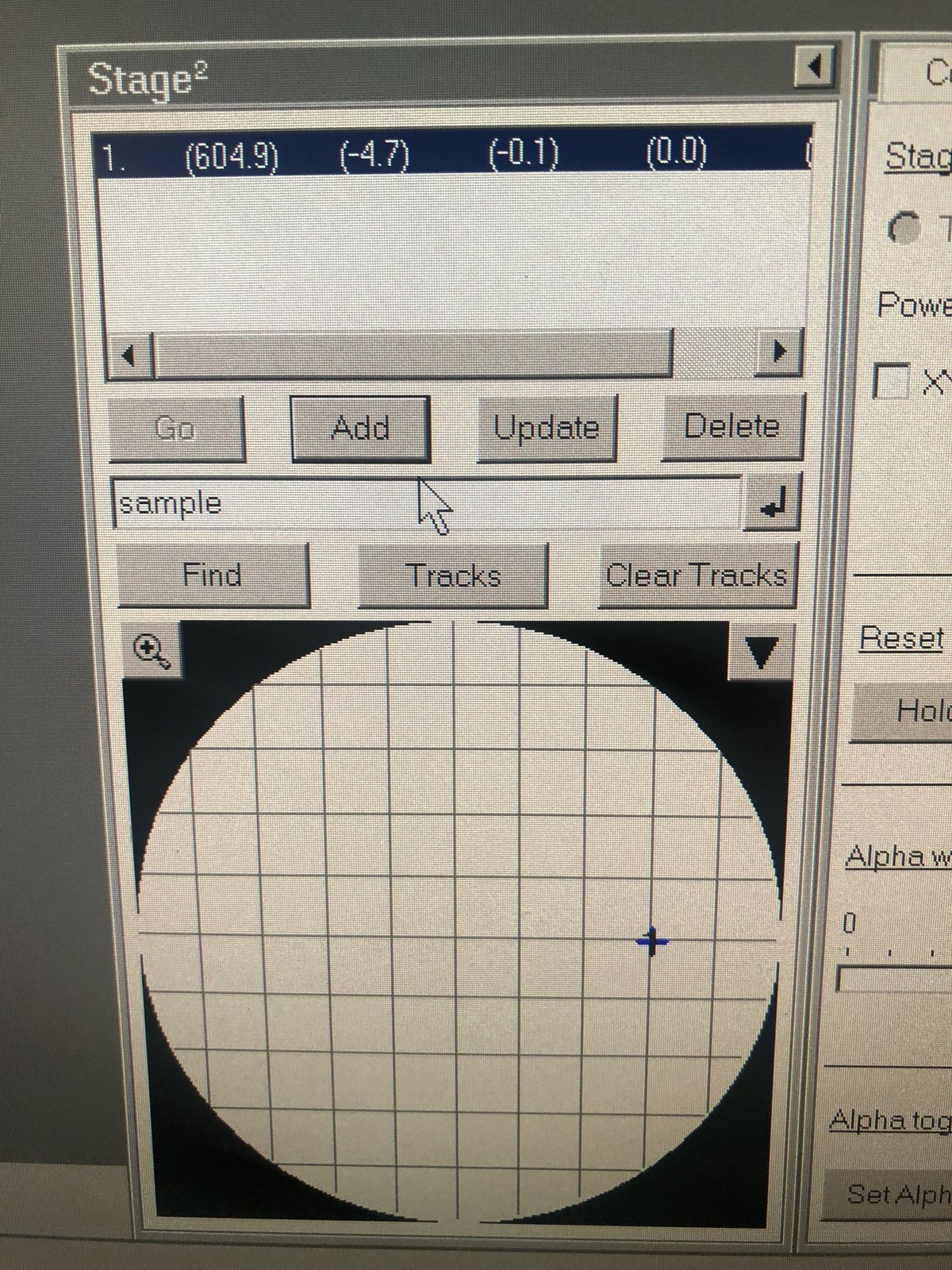TEMUI stage position showing X, Y, Z coordinates