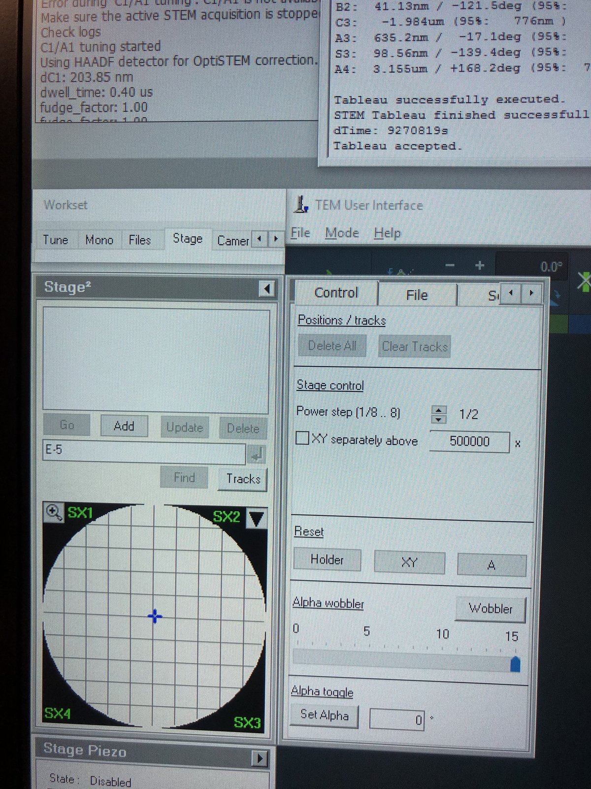 Stage tab showing position and tilt controls