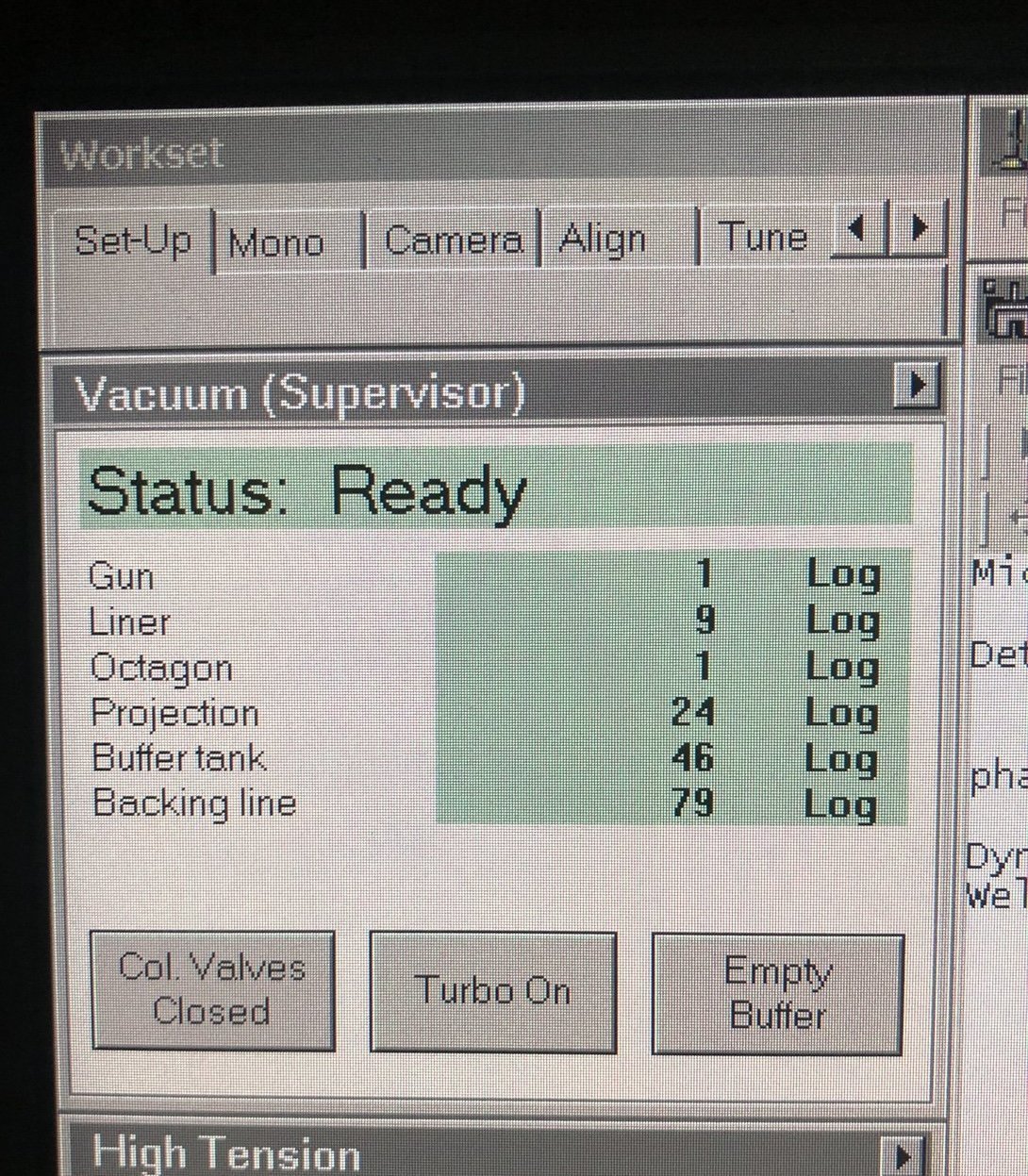 TEMUI showing column valves open, turbo pump off