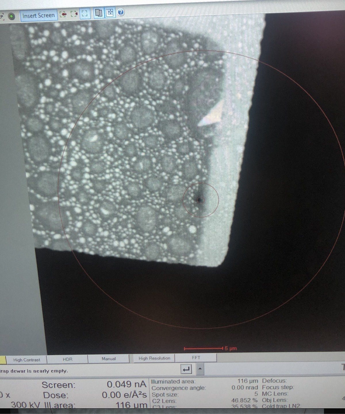 TEM view showing gold and carbon boundary at 500x