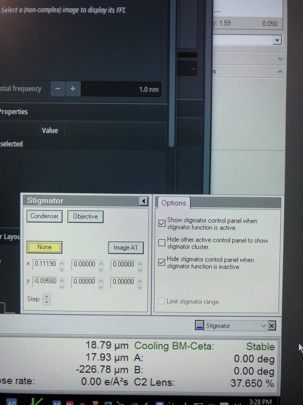 Stigmator controls in TEMUI Quick tab