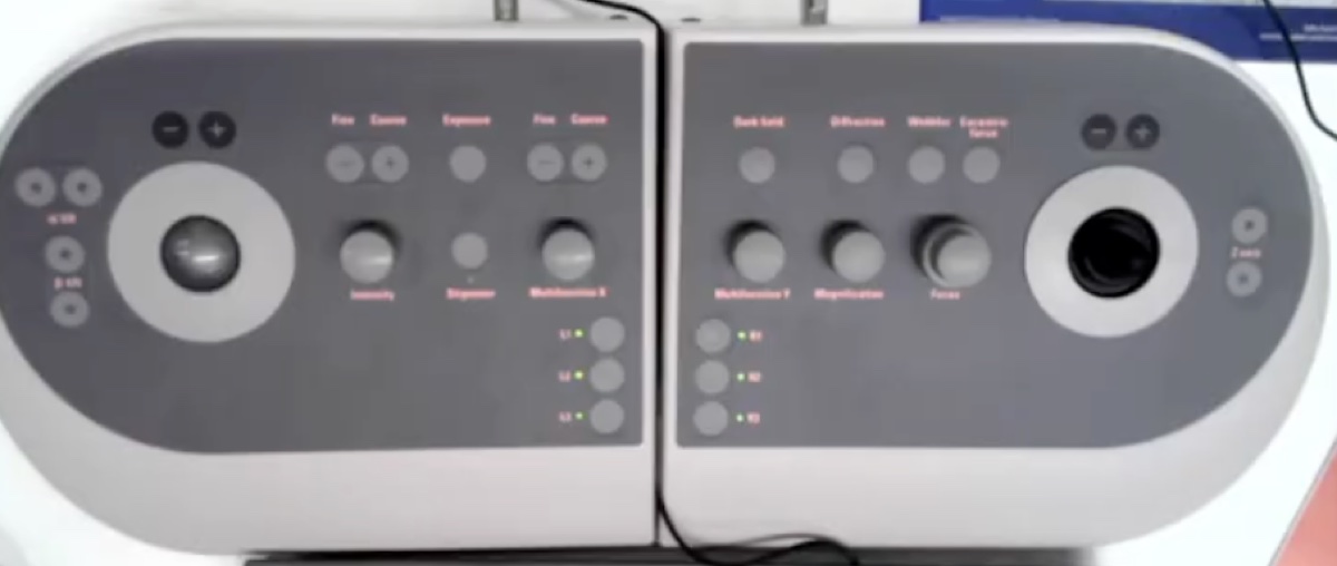 Close-up of the diffraction button and surrounding hardware controls on the Talos console