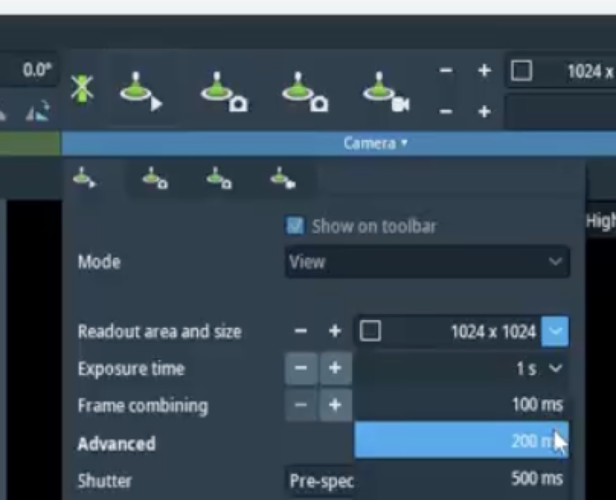 Velox acquisition parameters set to 1024 by 1024 pixels and 200 ms frame combining