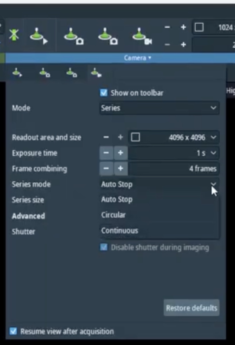 Velox recording mode selector showing Auto Stop, Circular, and Continuous options