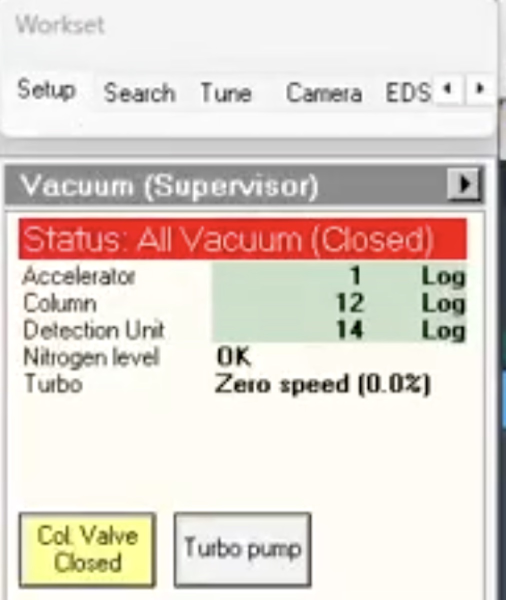 Talos column status bar showing live beam state, vacuum, and stage coordinates