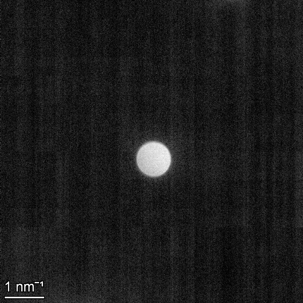 Ceta diffraction image at camera length 2.2 m showing the focused central disk filling the inner screen ring at 1 per nanometer scale