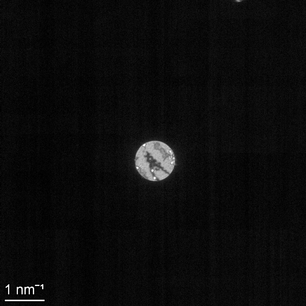 Ceta defocused diffraction disk at camera length 2.2 m, capture 0017: dark band shifted or inverted relative to capture 0016, taken on the other side of crossover