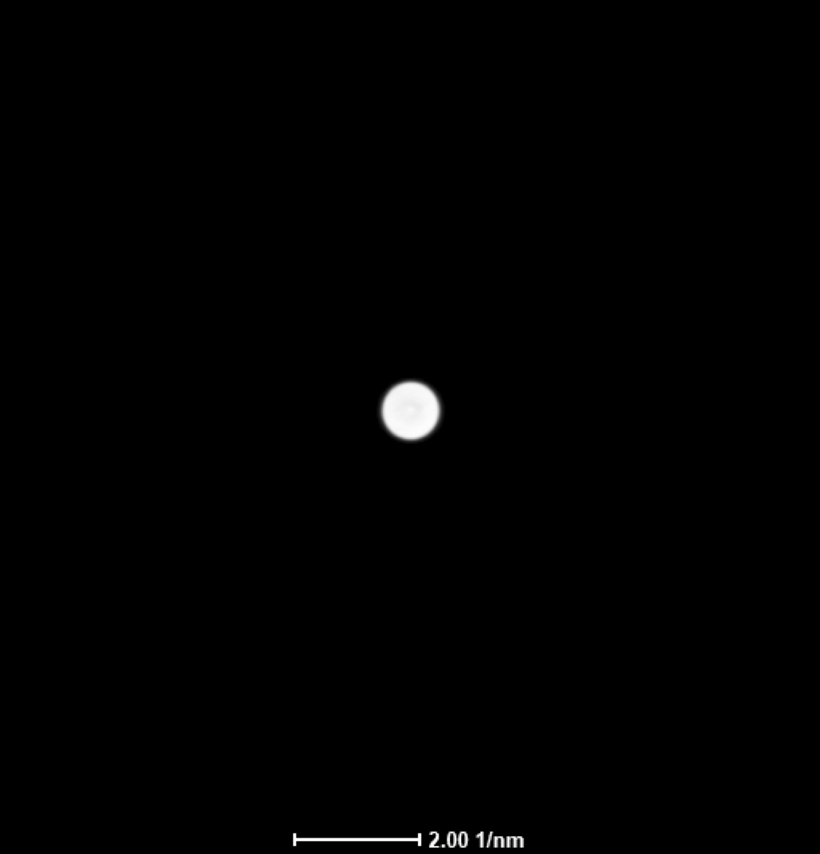 Convergent beam diffraction mode FluCam capture showing the small focused central disk at 2 per nanometer scale