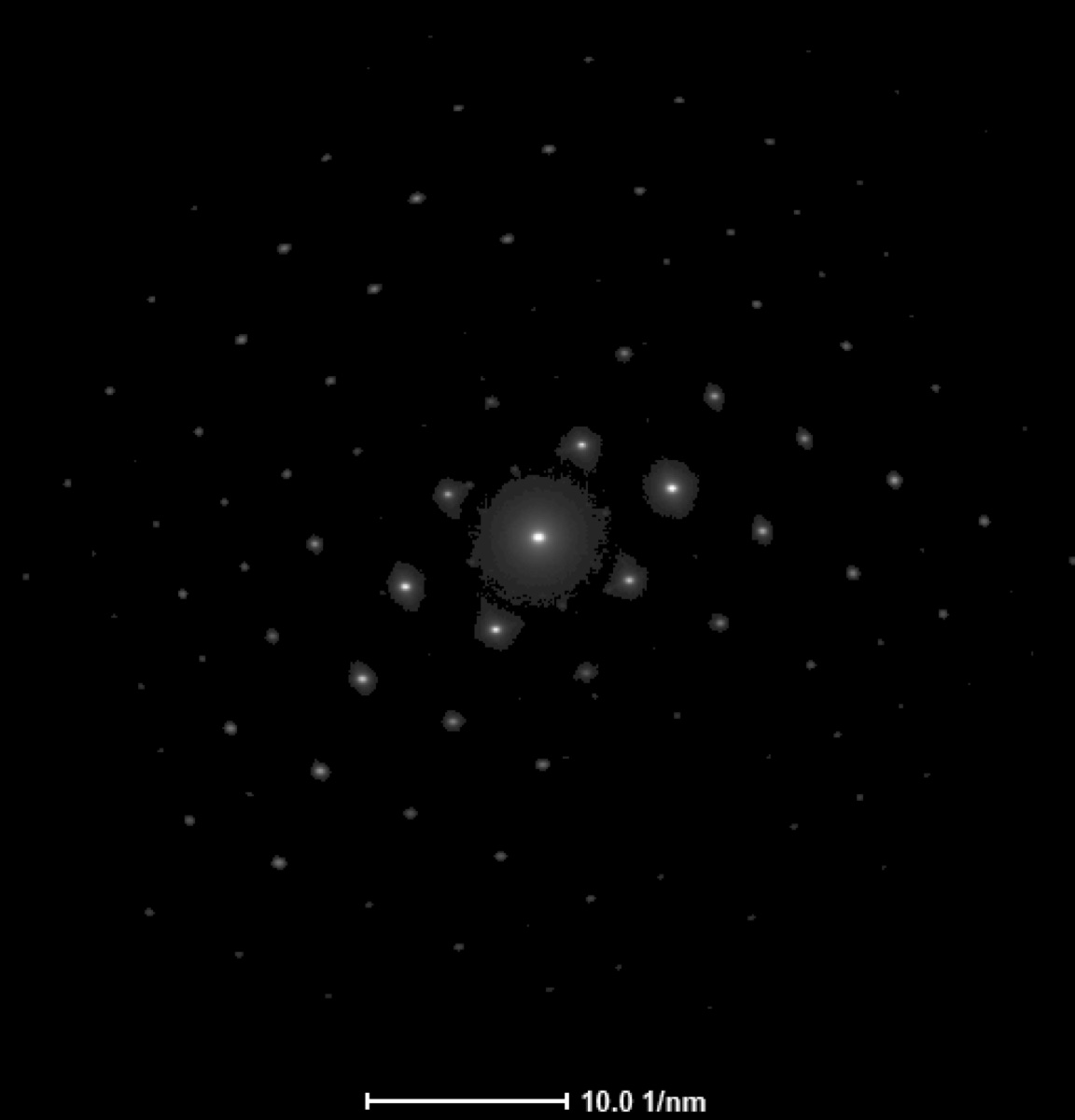 Parallel beam diffraction mode FluCam capture showing the gold 100 zone-axis pattern with many Bragg spots at 10 per nanometer scale