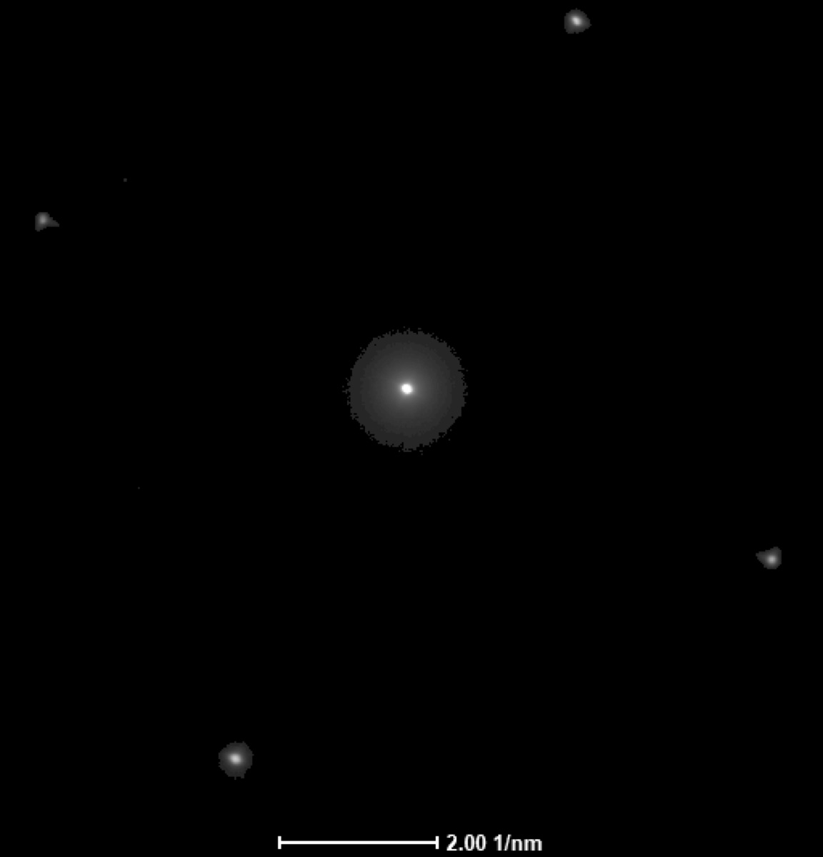 Defocused diffraction mode FluCam capture showing the defocused central disk with first-order Bragg spots at 2 per nanometer scale
