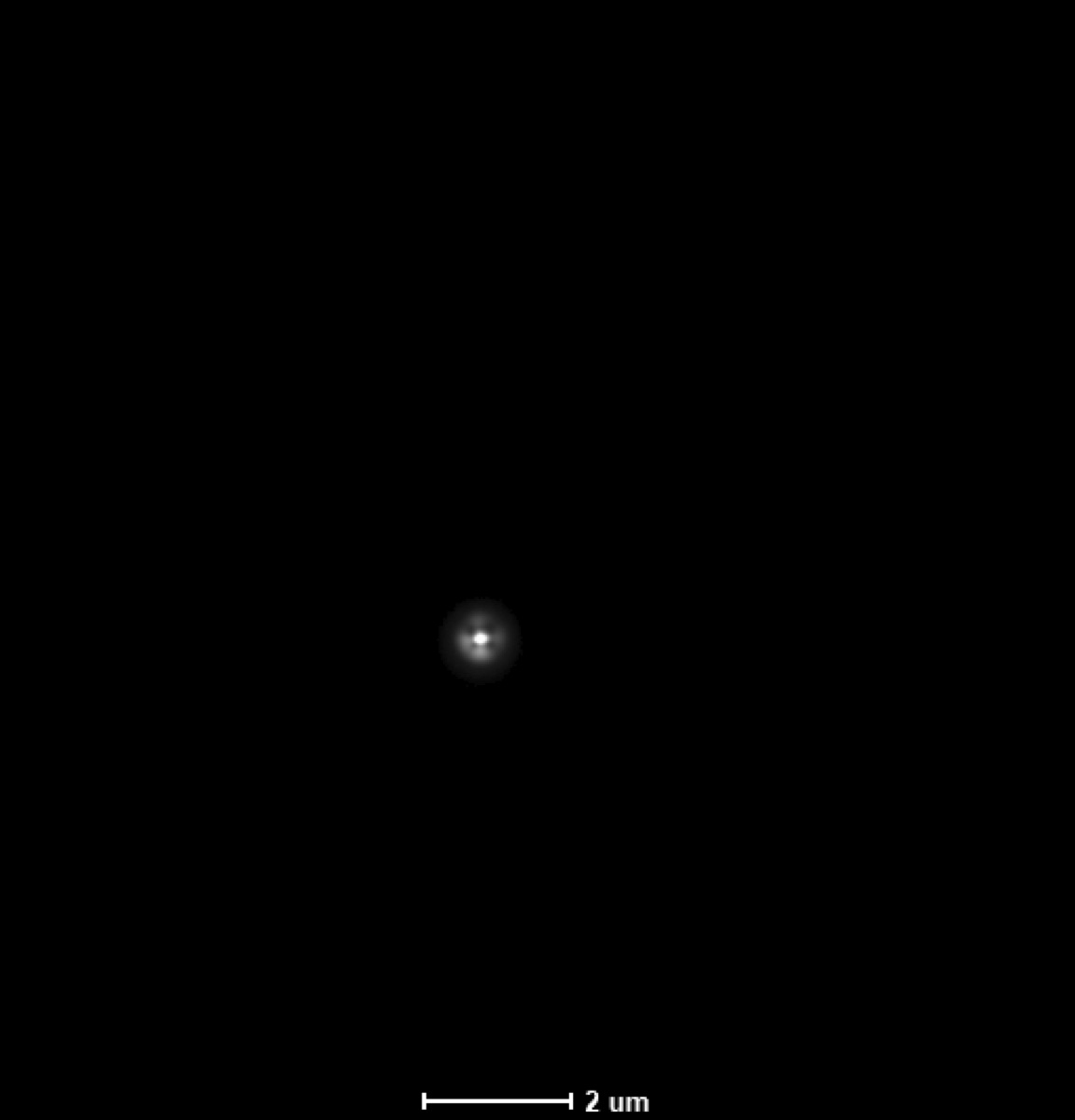 Convergent beam image mode FluCam capture showing a tiny focused probe at 2 micrometer scale