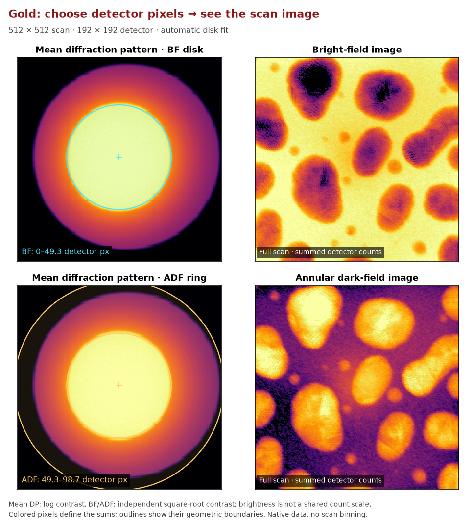 Gold mean diffraction with BF and ADF selections beside the scan images